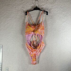 Aqua Swim One Piece Swimsuit Women's‎ Small Pink Multi Swirl Print Cutout S9813